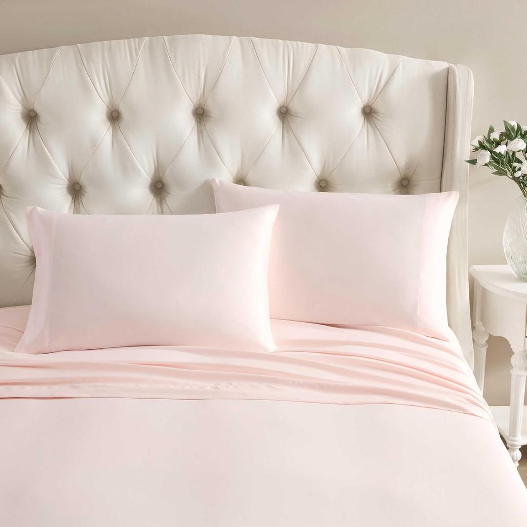 Laura Ashley - Satin Bliss Pillowcase Set, Silky Satin Microfiber Pillow Covers with Self Hem, Soft Solid Design, Standard Size, Pink, Set of 2
