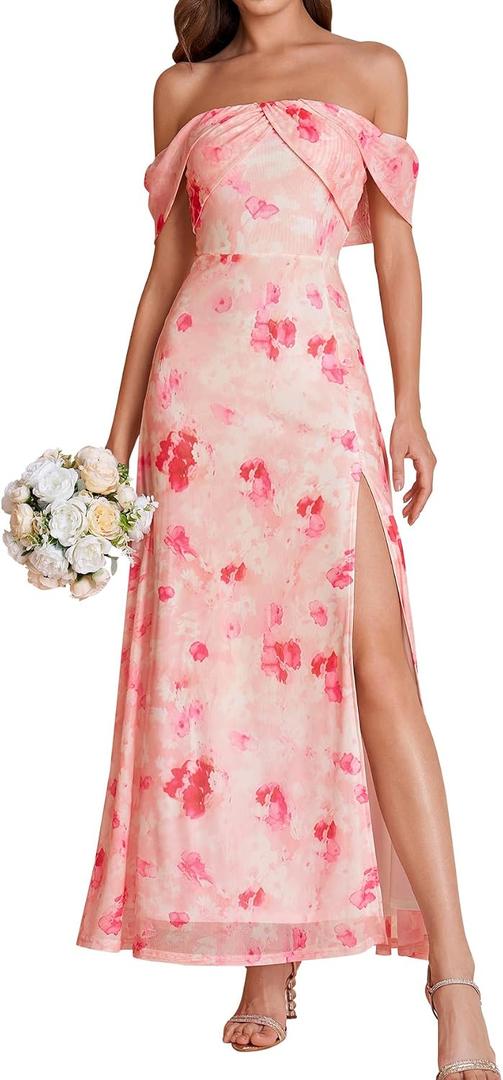HTZMO Off Shoulder Floral Wedding Guest Maxi Dress Sexy Slit Summer Party Elegant Long Dresses for Women 2026 (Pink, XS)