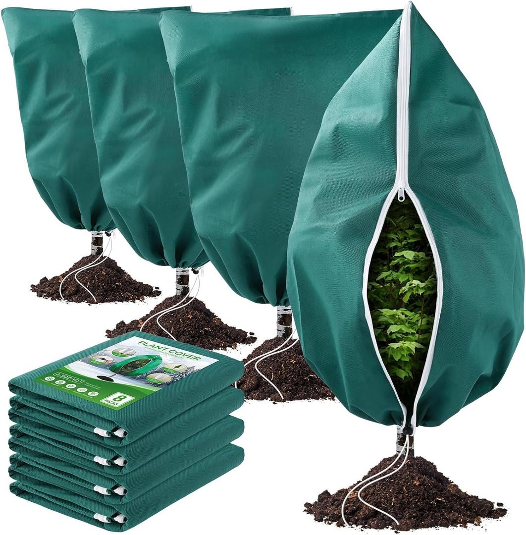 8Pack Winter Plant Covers Freeze Protection, 31.5x47.3" (2.3 OZ/yd) Frost Blankets with Zipper & Drawstring, Reusable Frost Cloths for Outdoor Plants, Rose Bush, Bird Insect Prevention, Farm, Garden