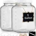 2 Pack Wide Mouth 1 Gallon Clear Glass Jar with Lid, Heavy Duty Airtight Screw Lid with Silicone Gasket - Large Mason Jar with 2 Scale Mark for Fermenting Kombucha and Storing Food (Extra 2 Gaskets)