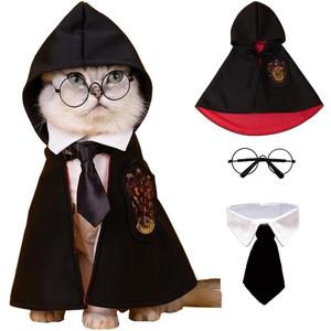 ANIAC 3PCS Halloween Dog Costume Cat Wizard Cape Glasses and Necktie Set Halloween Puppy Outfit Pet Academy Magician Cosplay Apparel for Kitten Cat Small Dogs (Black+Red, Large)