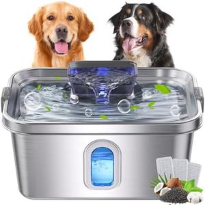 Dog Water Fountain for Large Dogs Stainless Steel Dog Water Fountain 2 Gal Cats & Pets Automatic Pet Water Fountain with Large Drinking Area Ultra-Quiet Pump Water Fountain Dog Bowl with Filters