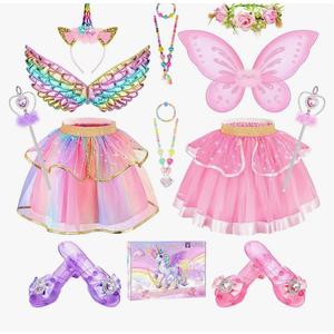 Princess Dress Up Fairy & Unicorn Costume for Girls 4-6, Toddler Dress with Tutu, Wings, Shoes, Jewelry, Headband Fairy Unicorn Toys for Girls Christmas Halloween Birthday Gift Toys
