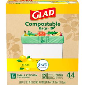 Glad Trash Bags, Kitchen Compost Bags 2.6 Gallon Garbage Bags, 100% Compostable Bag, Febreze Lemon, 44 Count Light Yellow
