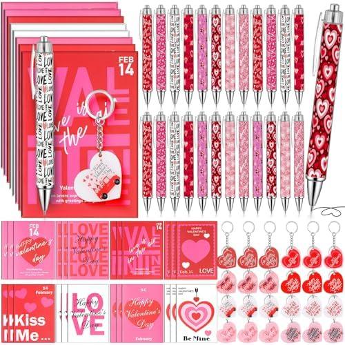 AmazingSpark 24 Sets Valentine's Day Ballpoint Pens and Keychains Pocket Notebook Gifts Bulk Valentine Party Favors Red Heart Pen for Students Teachers School Office Supplies