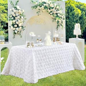 B-COOL Rosette Tablecloth Rectangular White Table Cover 3D Floral Satin Tablecloth Birthday Party Table Covers Boho Wedding Decor 90x156 Inch