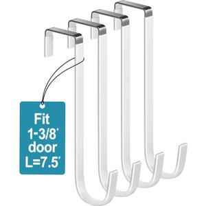 Over The Door Metal Hooks with Plastic Coating 7.5" Fit 0.5" to 1 3/8" Door 4 Pcs Heavy Duty Single Towel Robe Rack Wreath Bathroom Shower Hanger Shoe Organizer Ironing Board Long White