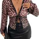 Women's Plus Size Leopard Lace Blouses Sheer Mesh Tie Front Long Sleeve Shirts Going Out Tops (XX-Large Plus, Pink)