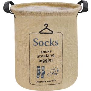 Pop-up Laundry Hampers Waterproof Cotton Linen Foldable Round Storage Bucket Organizer Dirty Clothes Shoes Basket Holder Baby's Toys Collection Box Closet Bin+3 Handles "SOCKS" Print