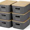 Plastic Storage Baskets With Bamboo Lid - Plastic Storage Containers Stackable Storage bins: Storage Baskets for Organizing Shelves Drawers Desktop Closet Playroom Classroom Office, 6 Pack, Gray