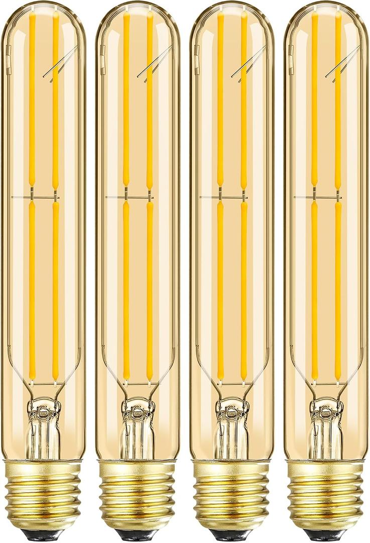 T10 Led Bulb,Dimmable E26 Led Bulbs 6W,E26 Tubular Bulb 60 Watt, 2700K Warm White,7.3in Led Edison Tube Bulb,T10 Amber Glass Cover,4Pack.