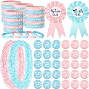 Hungdao 92 Pieces Baby Gender Reveal Party Favors 30 Boy or Girl Button Pins 30 Silicone Gender Reveal Bracelets 30 Pink Blue Bead Necklaces 2 Badge Pin for Baby Shower Party Supplies(Footprint)
