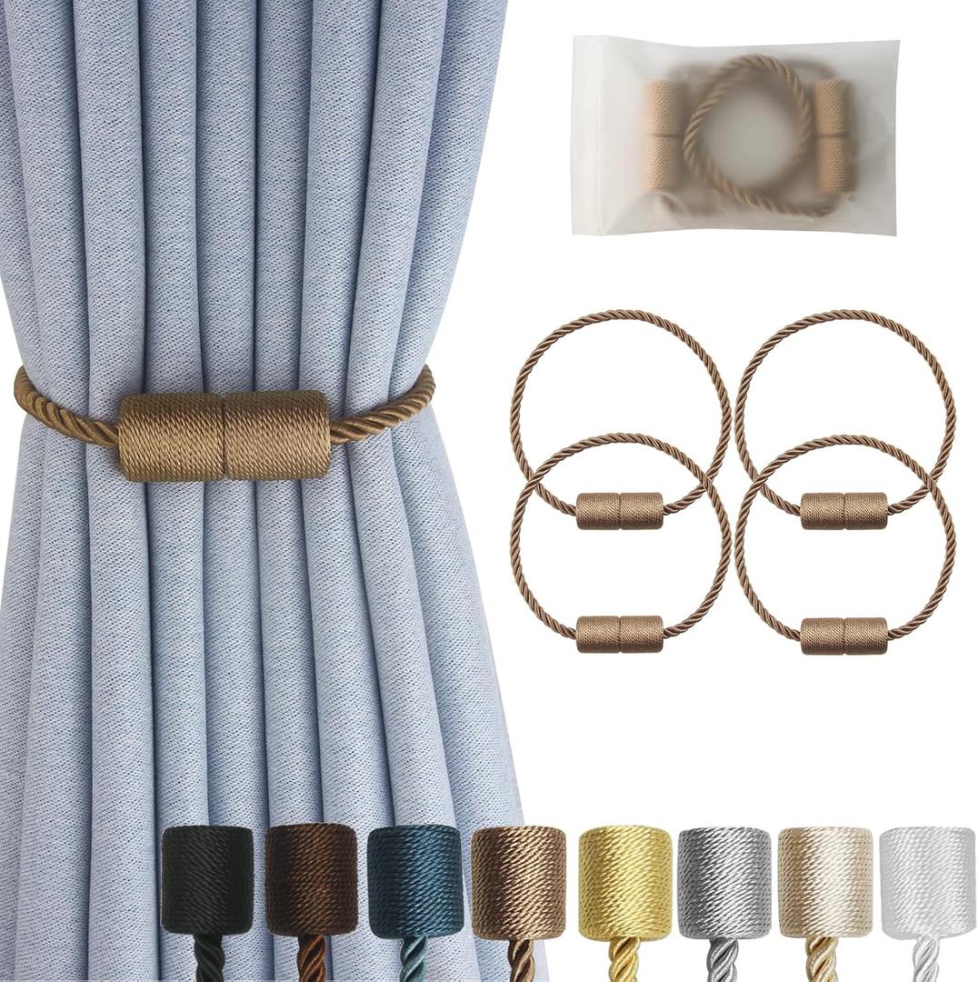 Magnetic Curtain Tiebacks 4 Pack Khaki Curtain Rope Tieback Curtain Holders for Drapes Modern Tie Backs Decorative Curtain Holdbacks