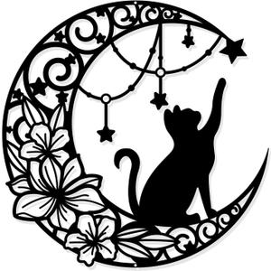 NBEADS Cat Metal Wall Art Decor, 11.8" Moon and Cat Black Wall Hanging Decor Silhouette Wall Art for Home Bedroom Living Room Bathroom Kitchen Office Garden Hotel Wall Decoration