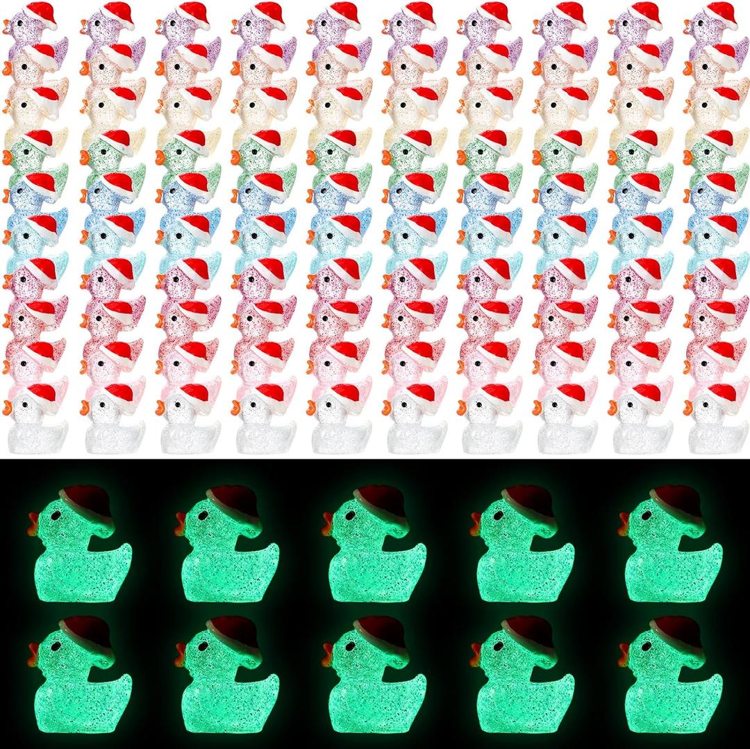 Shappy 200 Pcs Christmas Tiny Glow in The Dark Ducks Xmas Luminous Mini Resin Ducks Miniature Duck Figures for DIY Garden Aquarium Ornament Home Birthday School Party Project Accessories, 10 Colors