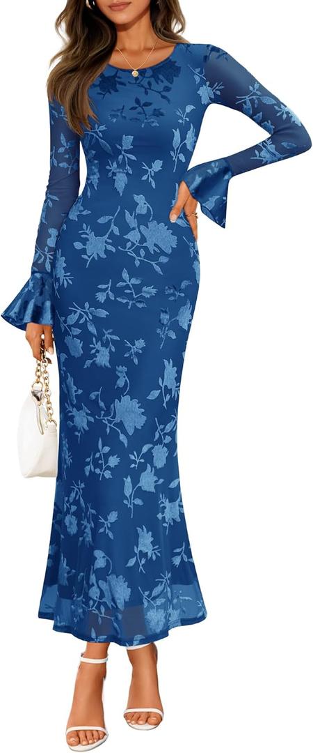 ZESICA Women's 2026 Bell Long Sleeve Floral Maxi Dress Spring Fashion Bodycon Mesh Wedding Guest Cocktail Party Dresses (Darkblue), Small