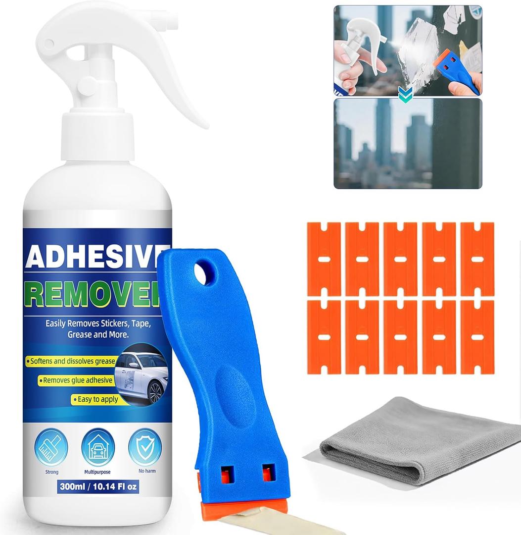 Adhesive Remover, 300ml Sticker Remover Spray with Plastic Scraper, Glue Remover for Windows, Glass, Plastic, Carpet, Rapidly Removes Stickers, Glue, Tape, Residue, Labels Remover, Car Sticker Remover