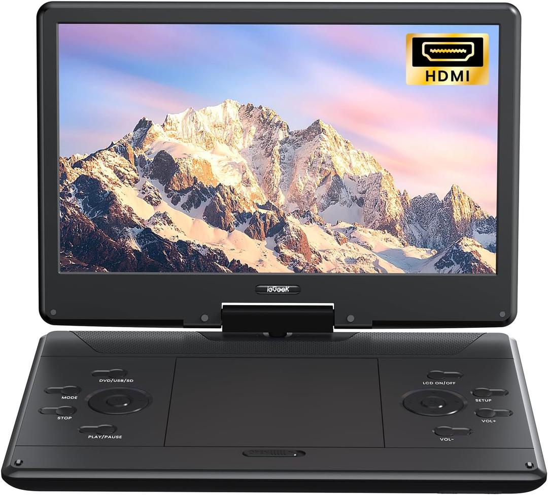 ieGeek 15.9" Portable DVD Player with 14.1" Swivel Screen, HDMI Input, 6-Hour Rechargeable Battery, Region Free, USB/SD Playback, Ideal Gift for Seniors, Kids and Travel, Black
