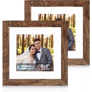 Hongkee 8x8 Picture Frame Set of 2, Made of Real Glass and Rustic Brown Wooden Frame - Display Square 6x6 with Mat or 8x8 Without Mat, 8 by 8 Photo for Wall or Tabletop