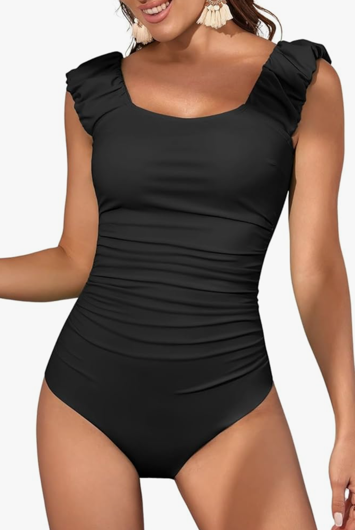 Eomenie Womens One Piece Swimsuits Puffy Sleeves Tummy Control Bathing Suit Tie Back Swimwear, XL, Black