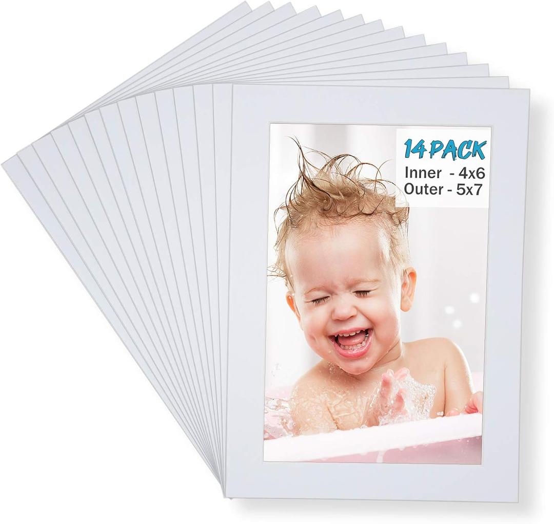 Egofine 5x7 White Picture Mats Pack of 14, Frame Mattes for 4x6 Pictures, Acid Free, 1.2mm Thickness, with Core Bevel Cut
