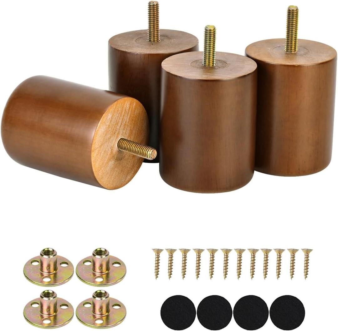 Maricome 3 in Wooden Legs Set of 4, Solid Round Wood Replacement FeetSuitable for Sofa Couch Dresser Ottoman Cabinets Chair Screw On (3 Inch Walnut)