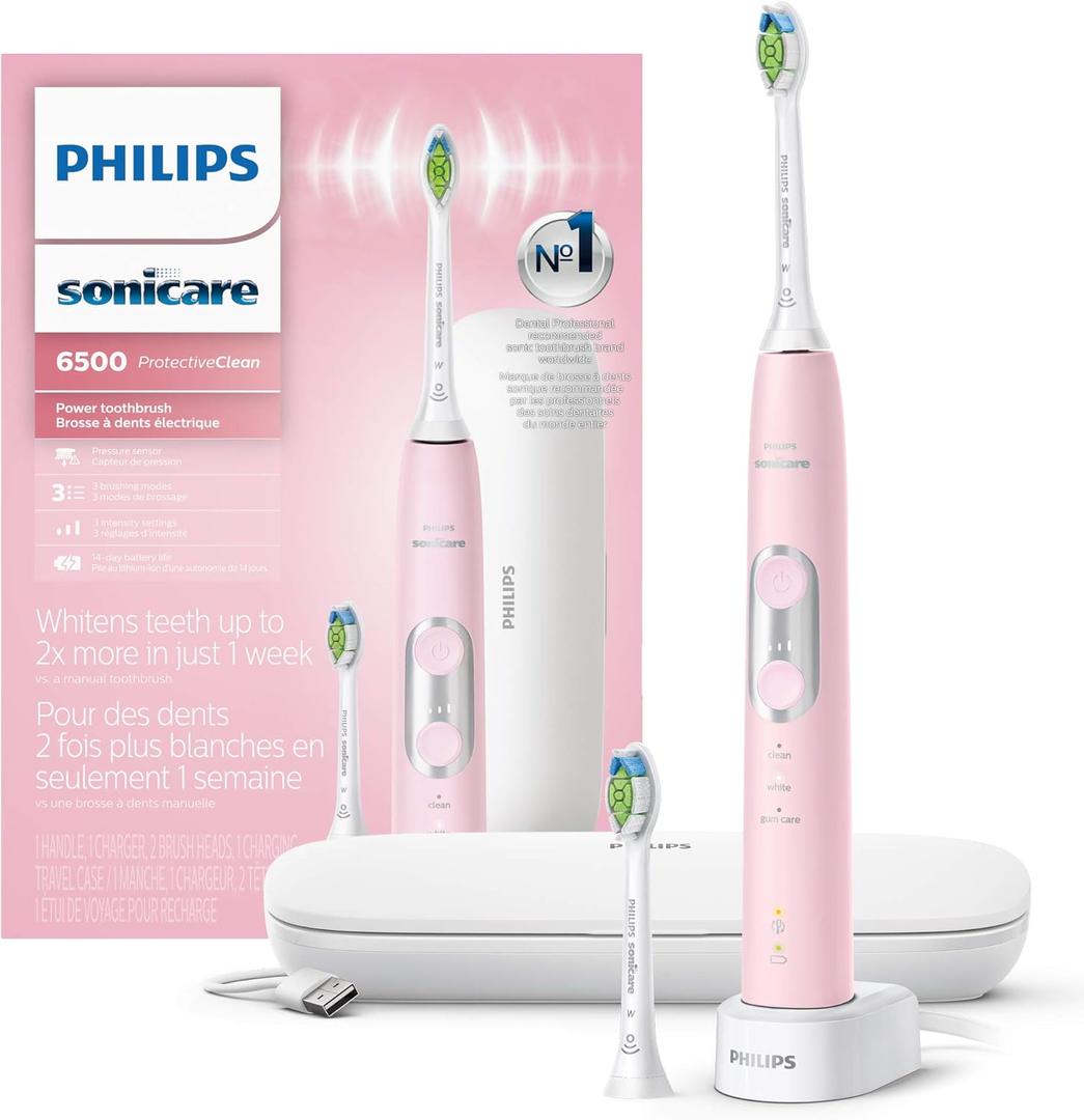Philips Sonicare ProtectiveClean 6500 Rechargeable Electric Toothbrush, with Pressure Sensor, 3 Cleaning Modes, SmarTimer and QuadPacer, 14-Day Battery Life, Charging Travel Case, Pink, HX6462/06