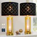 RORIANO Set of 2 Modern Table Lamps for Living Room Bedroom with USB C+A, Rustic Nightstand Lamps with White Night Light, Black Grid Shade, Desk Lamps for Bedside End Tables, 4 Bulbs Included (Gold)
