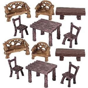 Skylety 12 Pieces Garden Furniture Ornaments Miniature Table and Chairs Set Village Micro Resin Bench Chair for Dollhouse Accessories Home Micro Landscape (Vintage Style)