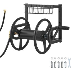 VEVOR Wall Mounted Garden Hose Reel, Holds 125 ft 5/8-inch Hose, Heavy-Duty Water Hose Winder, Space-Saving Design, Outdoor Manual Reel with Brass Fitting and Storage Basket for Yard Lawn (Black)