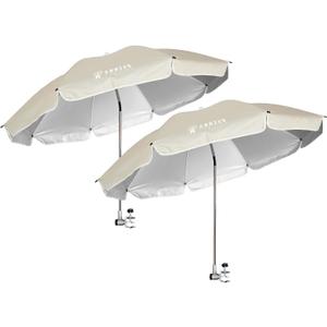 AMMSUN Chair Umbrella with Universal Clamp Adjustable 47 inches and 360° Swivel & UPF 50+ Protection Portable Sun Umbrella, Secure Clip on Camping/Beach Chairs, Stroller, Wheelchair, Golf cart, Lounger, Beige, 2 Pack