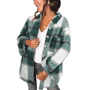 Women's Brushed Plaid Shirts Long Sleeve Flannel Lapel Button Down Cardigan Boyfriend Shacket Jacket Coats (Green, L)