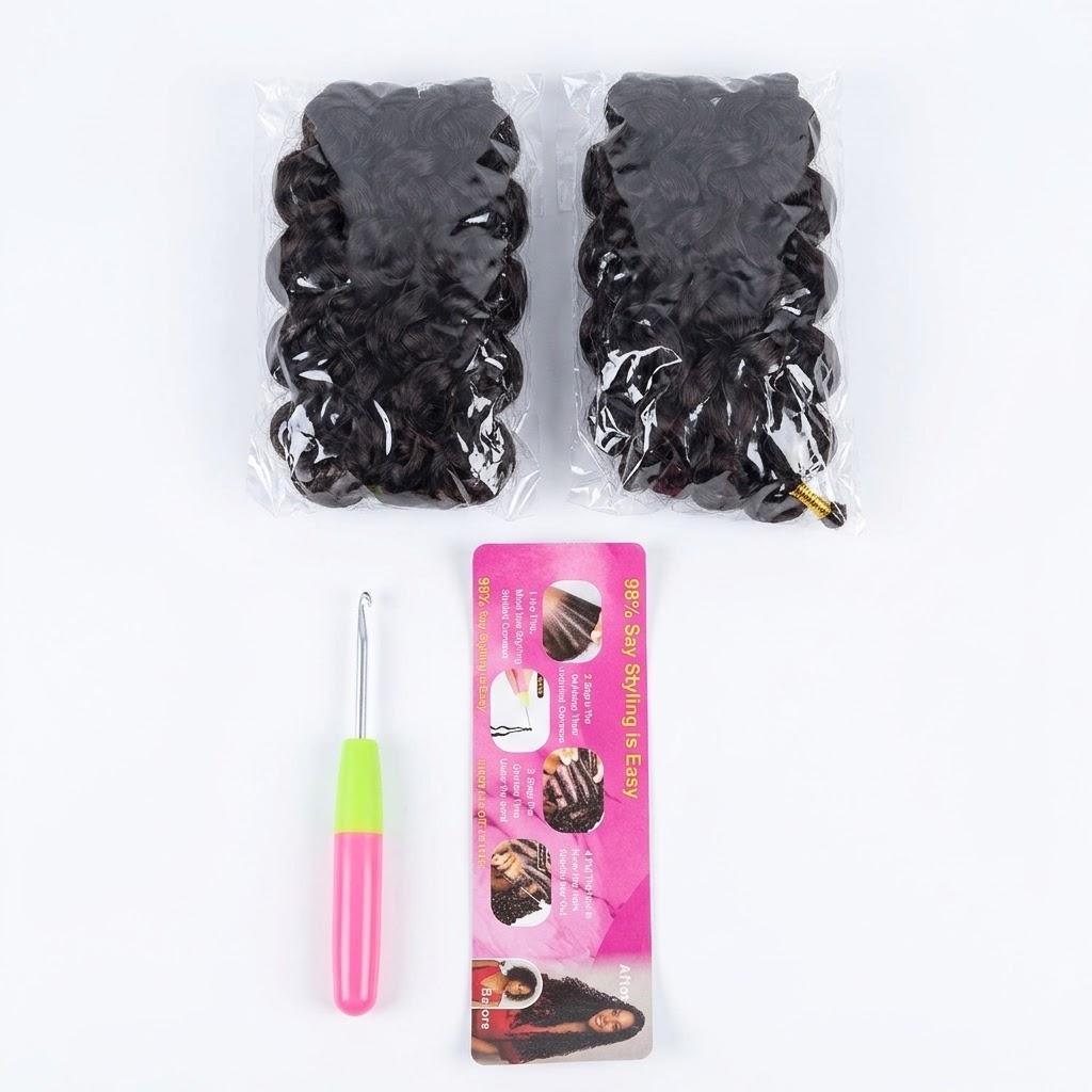 Ocean Wave Crochet Hair Extensions Set – Short Deep Wave Synthetic Braiding Hair Packs with Pink & Yellow Crochet Needle & Instruction Guide, Short / Bob Length: 8" – 10"