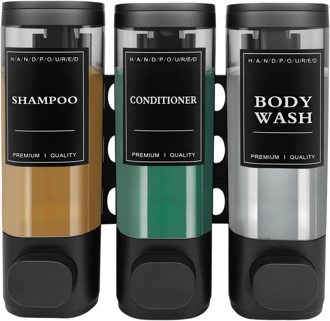 3-Chamber Wall Mount Shower Dispenser, No-Drill or Drill Install for Shampoo, Conditioner, Body Wash, Refillable Soap Dispenser for Home, RV & Hotel, Eco-Friendly & Space-Saving (Matte Black)