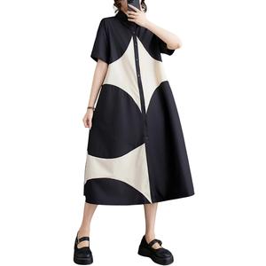 ellazhu Women's Short Sleeves Color Block Midi Length Button Down Shirt Dress GZ191 A