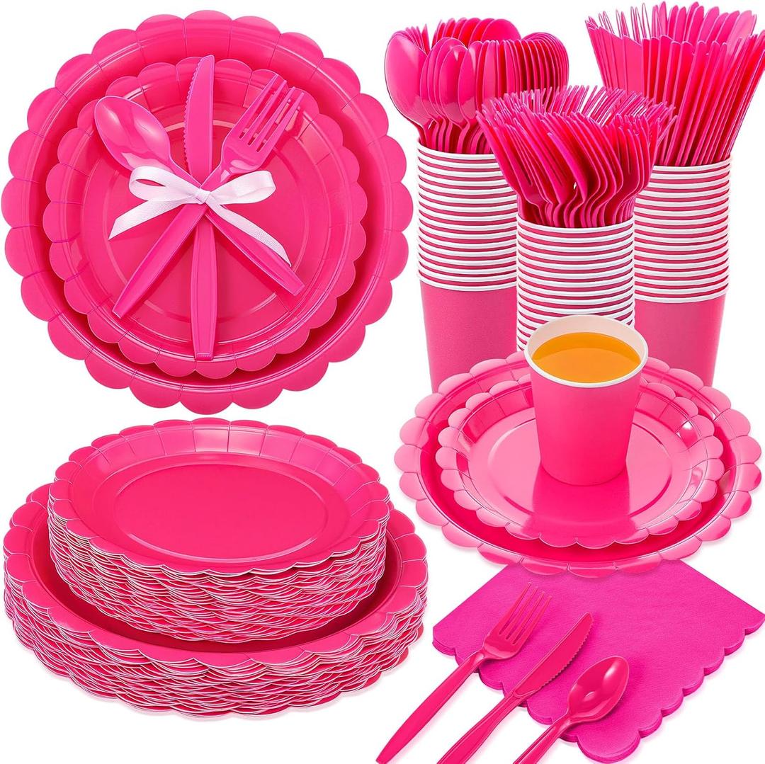 350 Pcs Hot Pink Plates and Napkins, 50 Guest Breast Cancer Awareness Party Supplies Include Scalloped Paper Plates Napkins Cups Plastic Spoons Forks Knives Disposable Tableware Set for Women