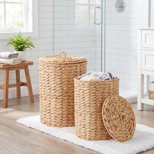 Lounsweer Set of 2 Wicker Trash Cans with Lid - 4 Gallon and 2 Gallon Natural Water Hyacinth Waste Baskets, Handwoven with Iron Frame, Keeps Pets out for Boho Farmhouse Bathroom Bedroom Office Kitchen