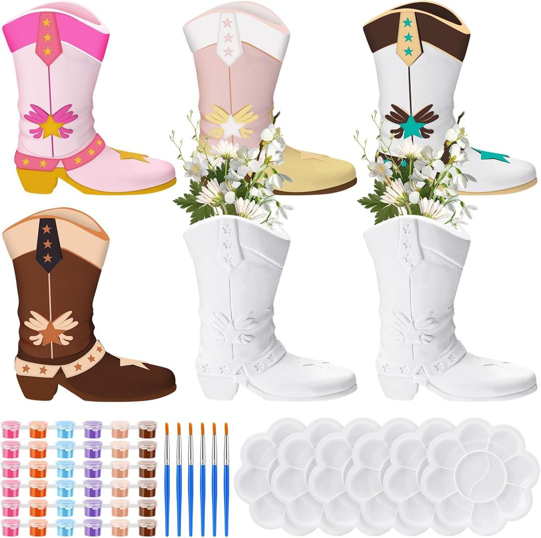 Affrolling 6 Set Cowboy Boot Vase Ceramics to Paint Ready to Paint Your Own Ceramic Cowgirl Hat Vase DIY Unpainted Plaster Paintable Kit Crafts with Brush Palette for Adults(Western Boots)