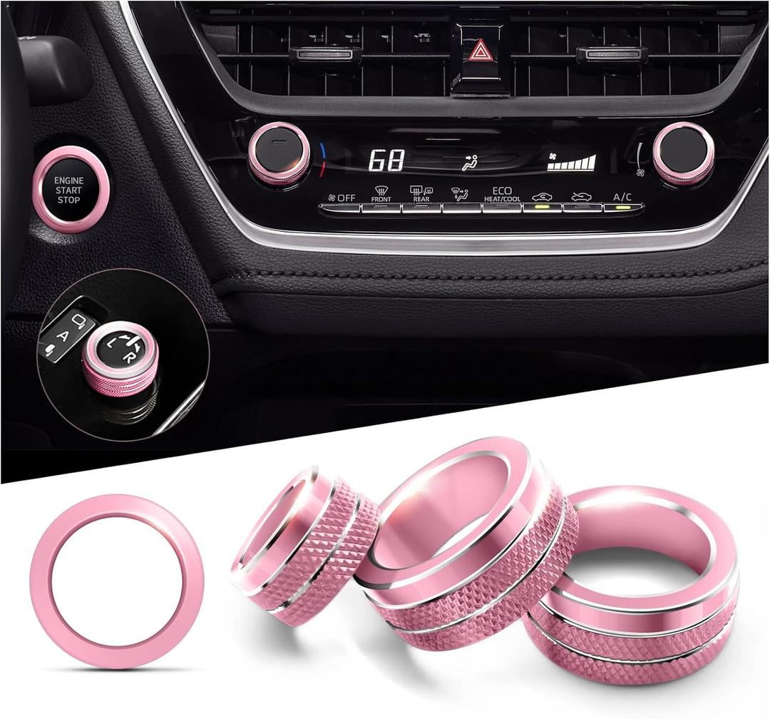 Polodunn for 2020-2025 2026 Toyota Corolla & 2022-2025 2026 Corolla Cross Accessories, 4pcs Aluminum Alloy Knob Cover Trim Set - Rearview Mirror Switch, AC & Push Start (Pink)