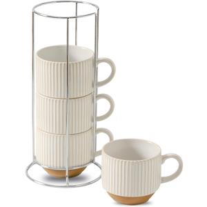 Ceramic Coffee Mugs with Stand,15 Oz Stackable Coffee Cups Set of 4 for Latte,Milk,Tea,Gift for Thanksgiving Christmas Housewarming,Dishwasher & Microwave Safe,White Patchwork Color (White Patchwork Color)