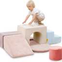 Kids Climbing Foam Blocks Playset - 7 Piece Toddler Climbing Toys, Indoor Gross Motor Development Montessori Gross Motor Toy for Babies & Toddlers (Pink & Blue)