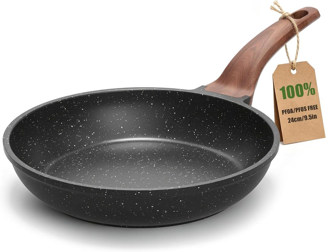 YASHE 9.5 Inch Granite Nonstick Frying Pan, Induction Hob, Non-Toxic | PFOA/PFOS Free Cooking Pan Scratch Resistant with Stay-Cool Handle Omelette Pan for All Stovetops