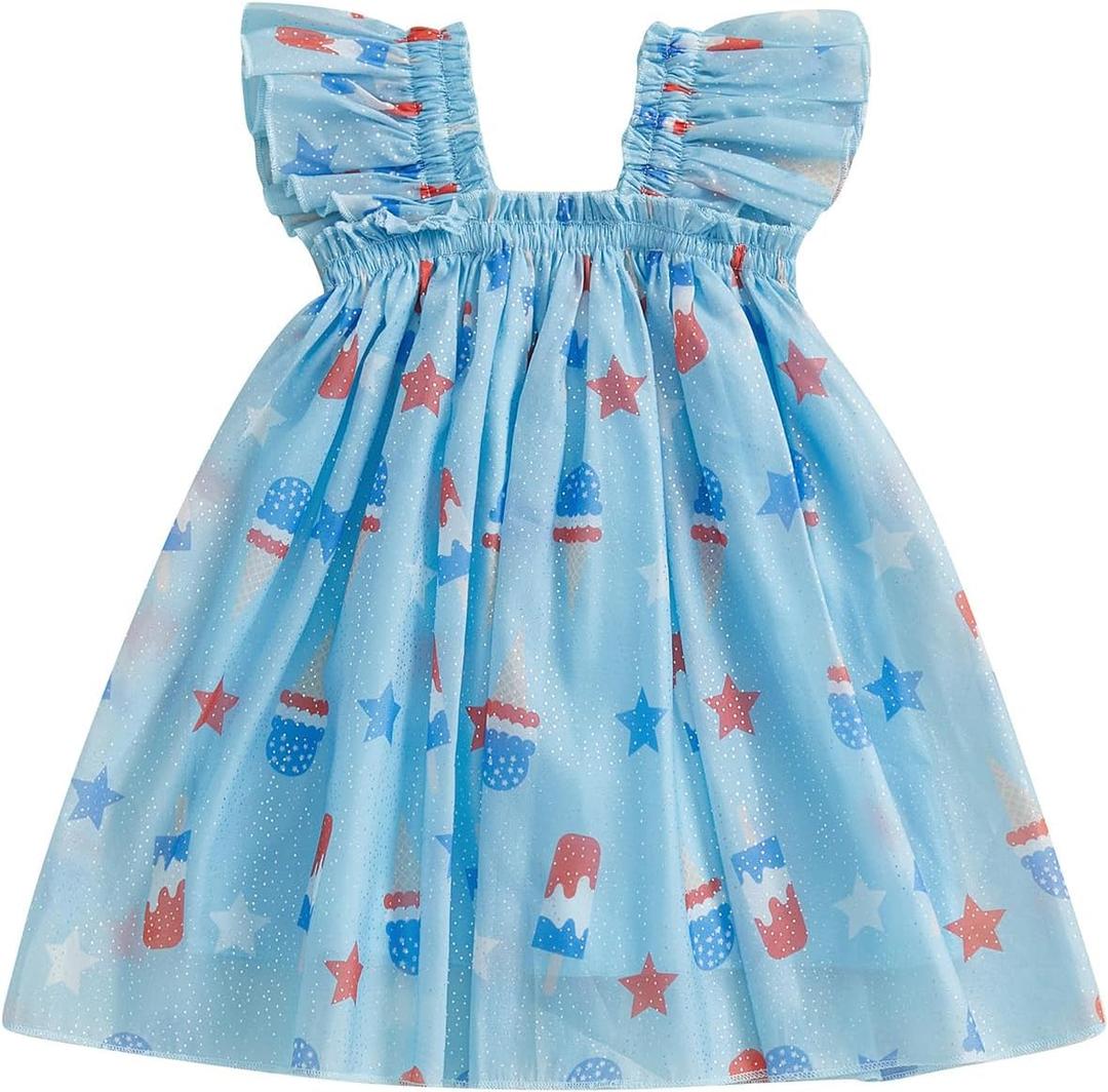 4th of July Toddler Baby Girl Outfit Stars Sleeveless Tulle Tutu Dresses Girls Fourth of July Dress (Blue)