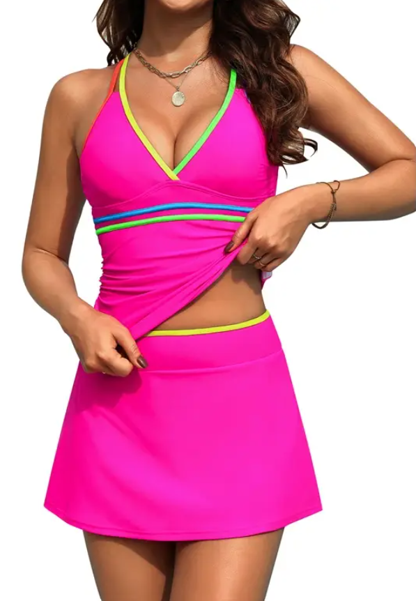 Women's Summer Two Pieces Swimsuit Contrast Trim Tankini Bathing Suits With Skirt Beachwear, M
