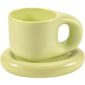 Koythin Ceramic Coffee Chubby Mug Saucer Set, Creative Cute Fat Handle Cup with Saucer for Office and Home, Dishwasher and Microwave Safe, 10 oz for Latte Tea Milk (Light Yellow)