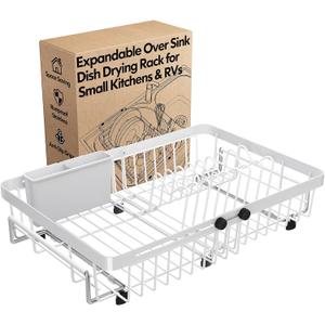 MAJALiS White Dish Drying Rack Over The Sink with Utensil Holder | Expandable Stainless Steel Dish Drainer for Small Kitchen, Apartment, RV, Counter Space Saving, Perfect Fit, Rustproof