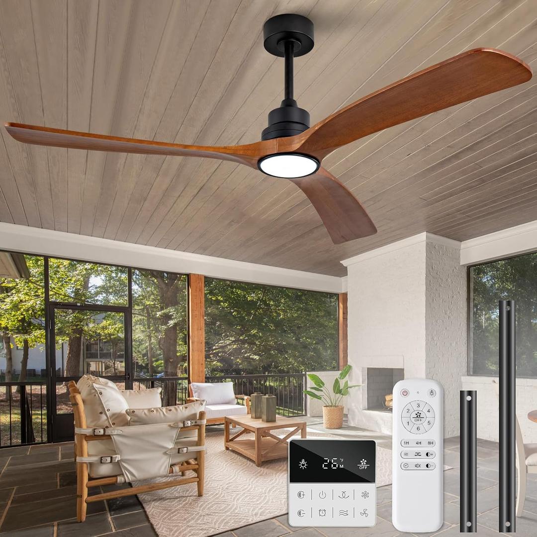 60 inch Ceiling Fans with Lights and Remote Control,Wall Switch,Solid Wood Blades,Dimmable,Reversible Noiseless,Power Off Memory Modern Black Ceiling Fan for Bedroom Patio Indoor/Outdoor Use