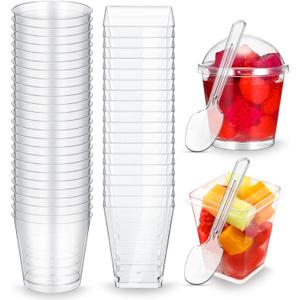Eaasty 100 Sets Dessert Cups with Lids and Spoons Plastic Yogurt Parfait Appetizer Shooter Cups Round and Square Mini Containers for Pudding, Fruit and Ice Cream(5 oz)