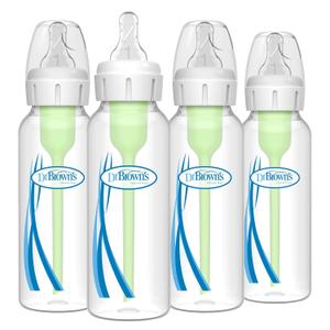 Dr. Brown's AntiColic Options+ Narrow Glass Baby Bottle with Level 1 Slow Flow Nipple, BPA Free, 8 oz/250 mL, 0m+, 4Pack