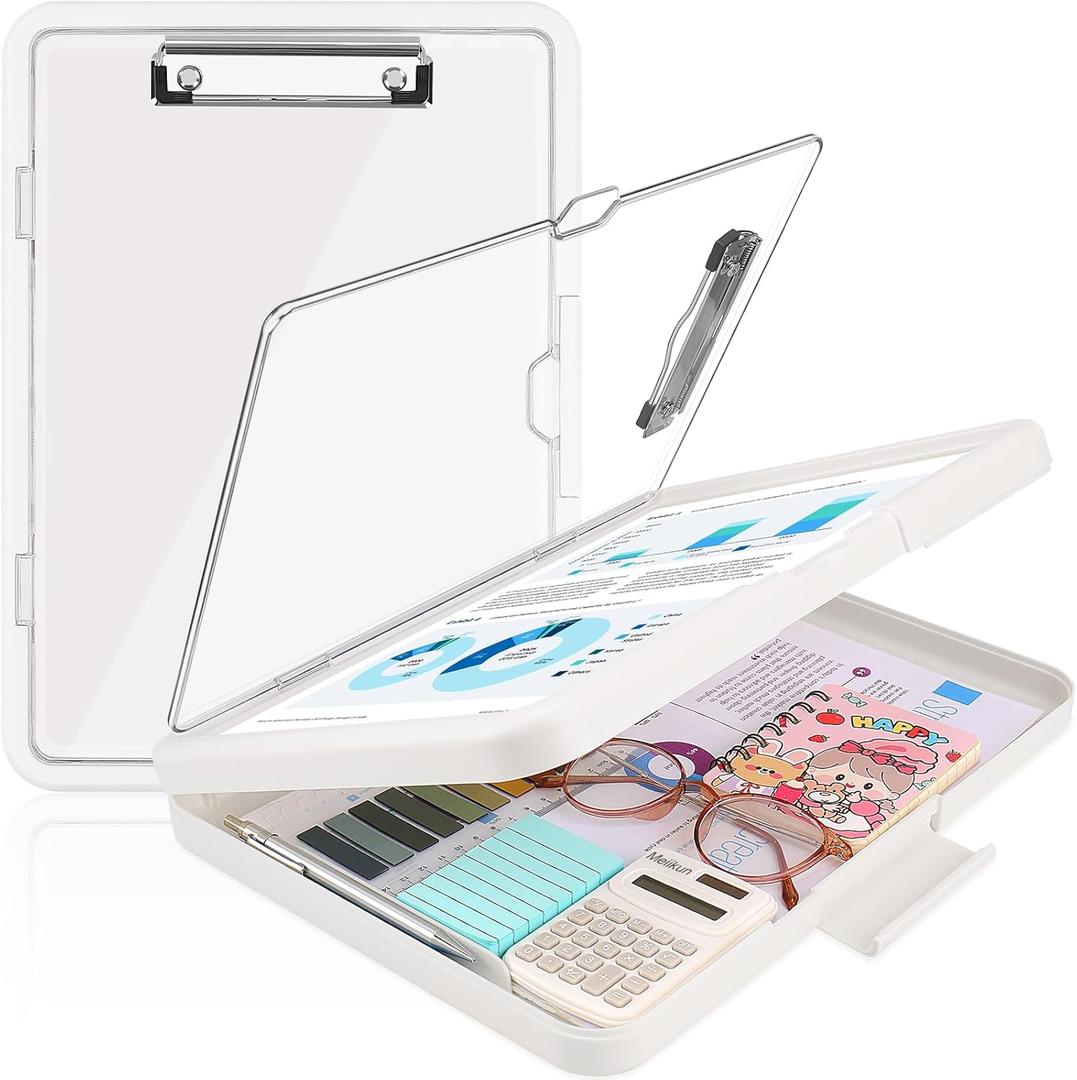 Clipboard With Storage, Clip Boards 8.5x11 With Dual Storage, Plastic Clipboards Clear Visible Dry Erase Top Panel, High Capacity Clip Board Organizer For Work School Office (White) (Letter Size)